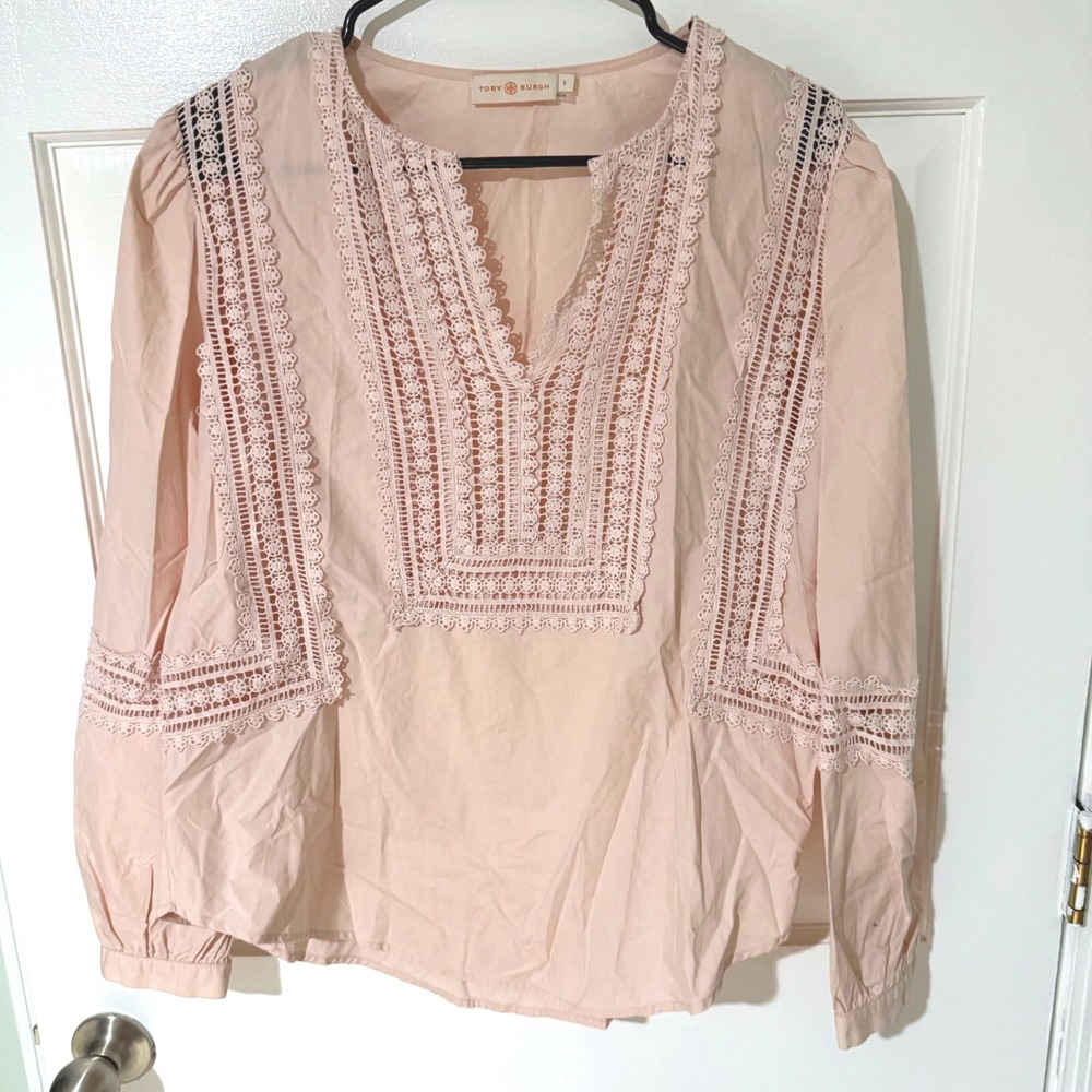 Tory Burch Pink Cotton Crochet Lace Trim Blouse Long Sleeve Top Size 8 43746